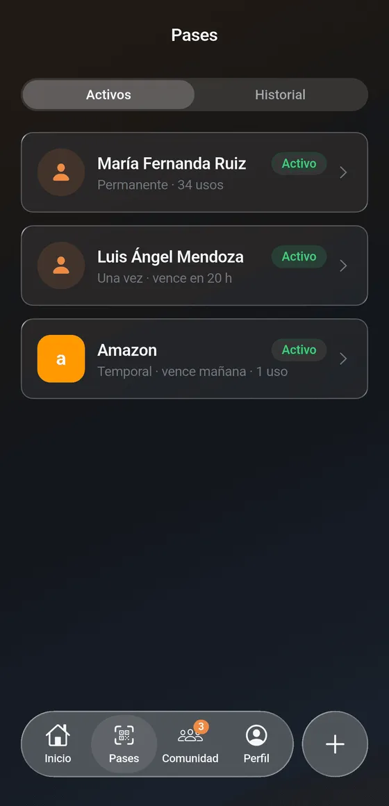 Lista de pases activos de visitas y entregas en la app de residentes SysGate