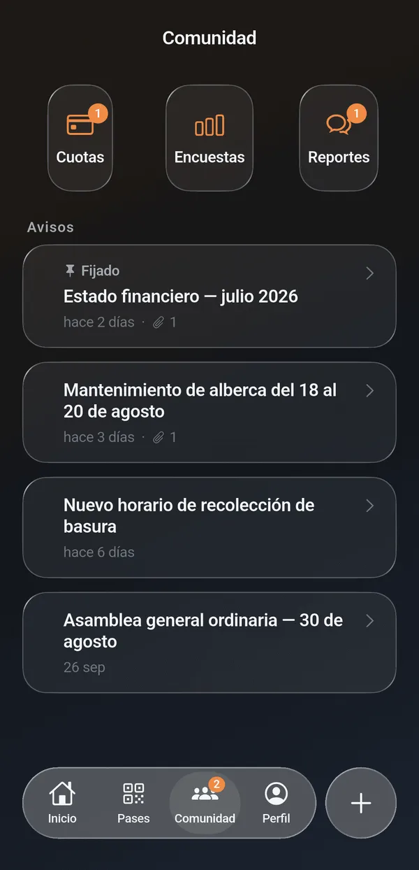 Sección de comunidad en la app de residentes SysGate con cuotas, encuestas, reportes y avisos