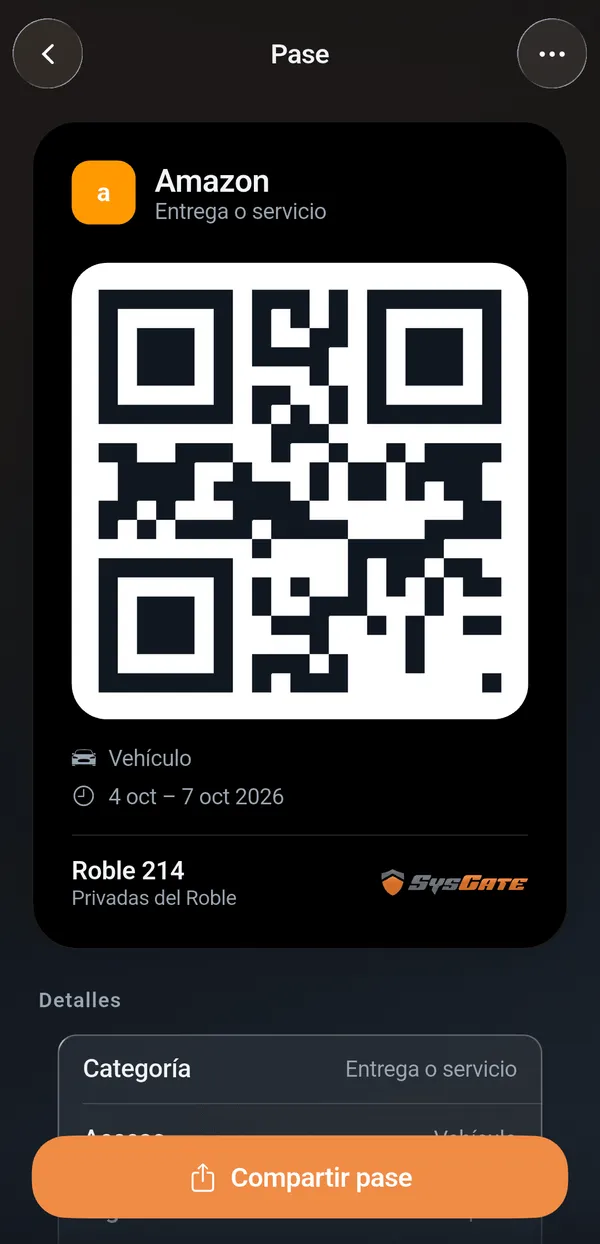 Pase QR temporal para una entrega de Amazon en la app de residentes SysGate