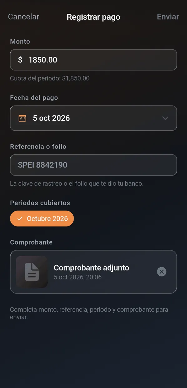 Registro de pago de cuota con referencia y comprobante en la app de residentes SysGate