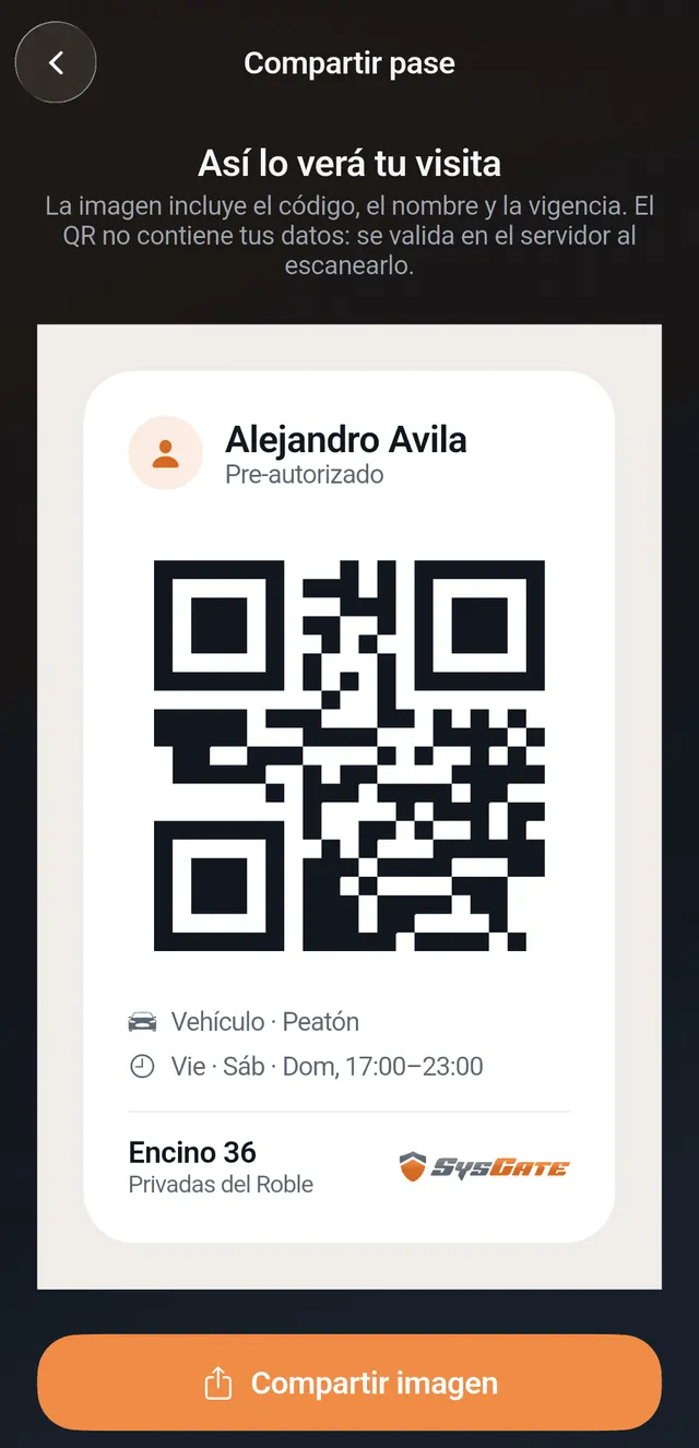 Imagen del pase QR que recibe la visita, con su nombre y vigencia, en la app SysGate