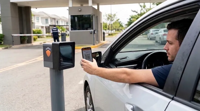 Vehículo ingresando al fraccionamiento tras validar su pase QR en el carril de acceso