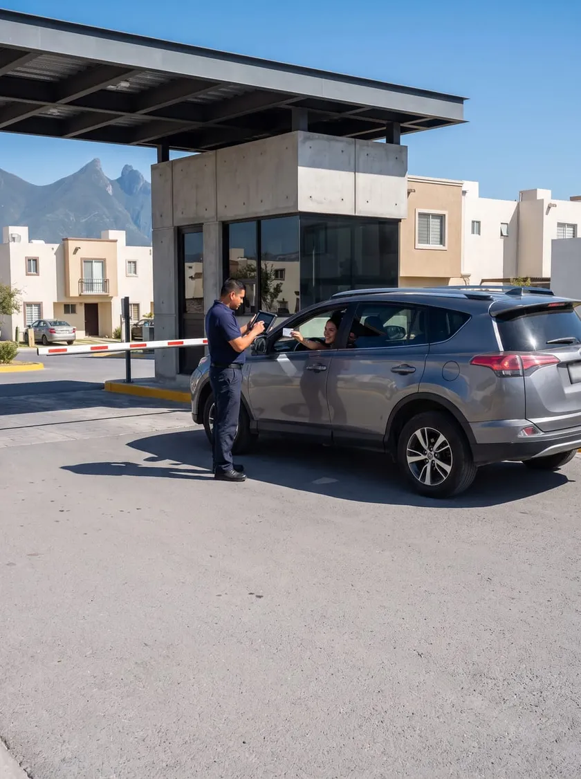 Guardia de caseta registrando en una tableta la identificación de una conductora en el carril de acceso