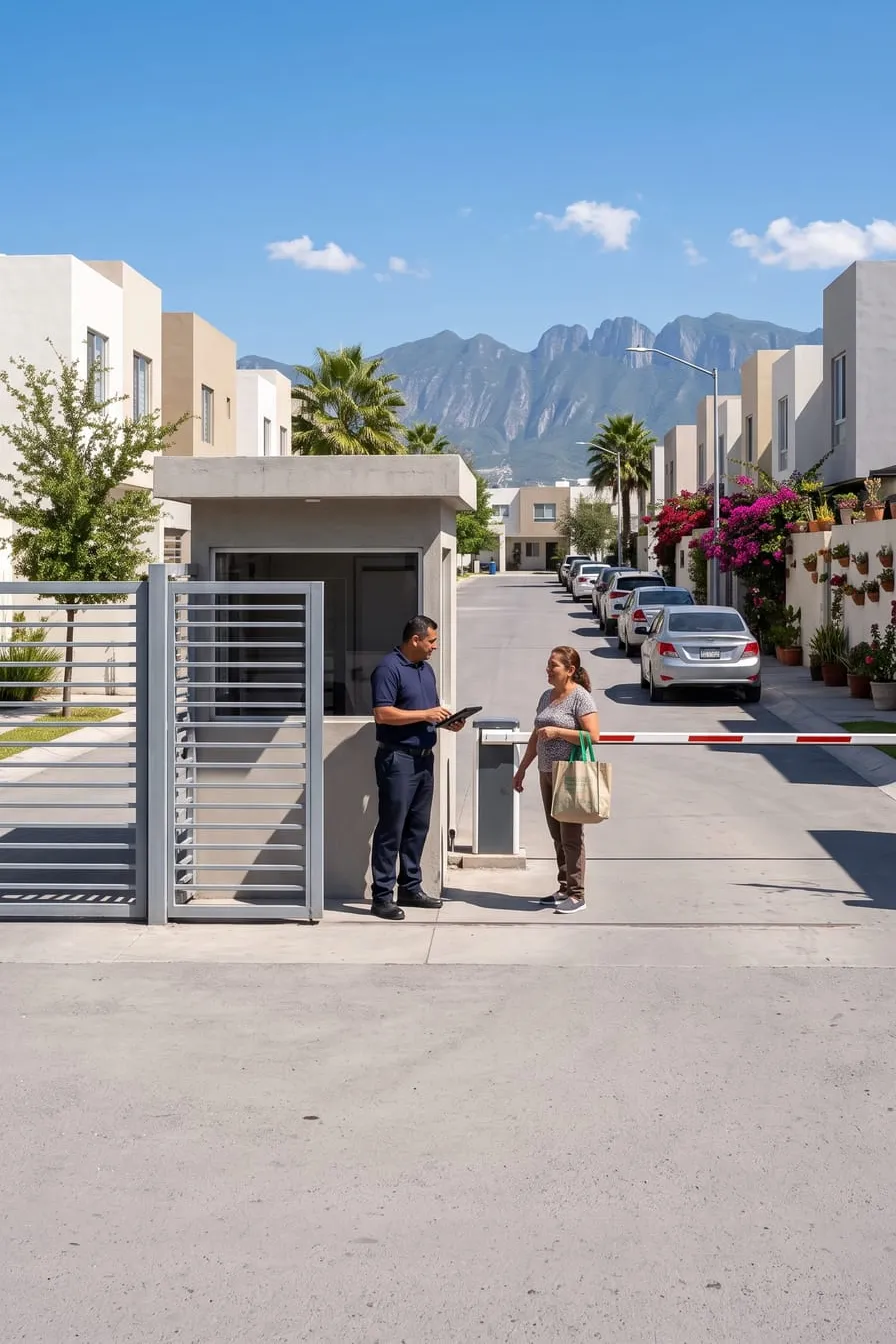 Guardia de caseta atendiendo a una residente en la entrada de una privada con un solo acceso