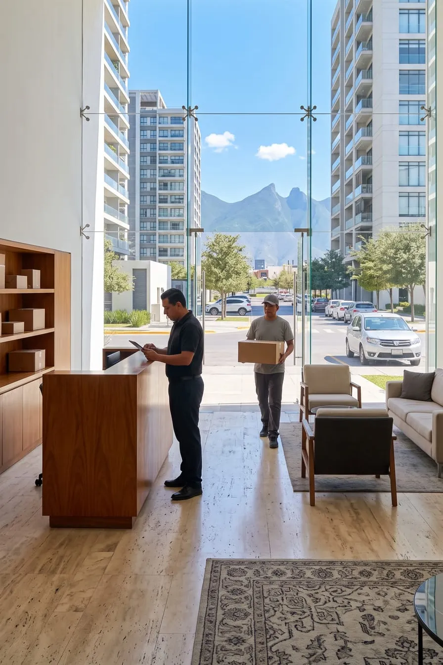 Recepción de una torre residencial donde el personal registra a un repartidor con un paquete