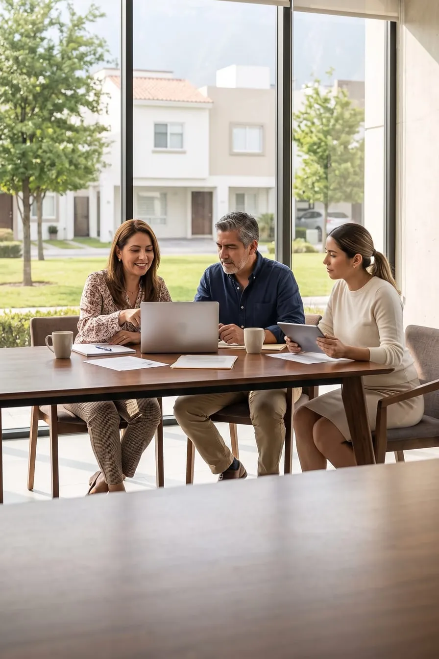 Mesa directiva revisando información de la comunidad en una laptop y una tableta