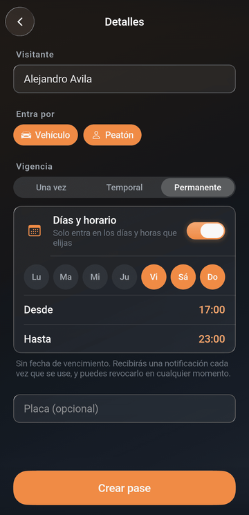 Pase permanente con días y horario para un visitante en la app SysGate