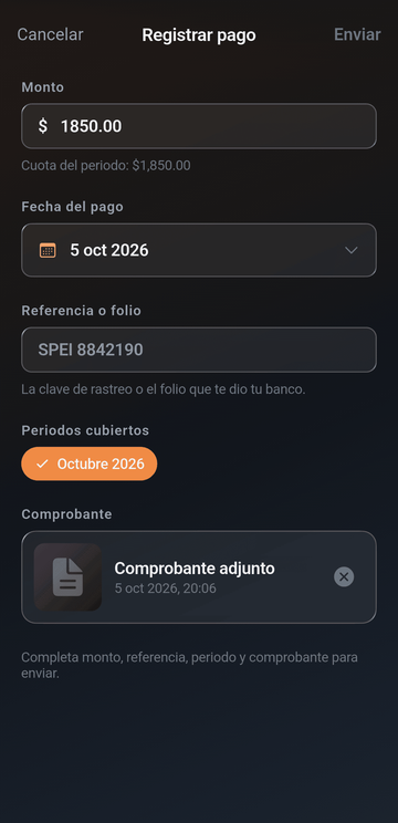 Registro de pago de cuota con referencia y comprobante en la app de residentes SysGate